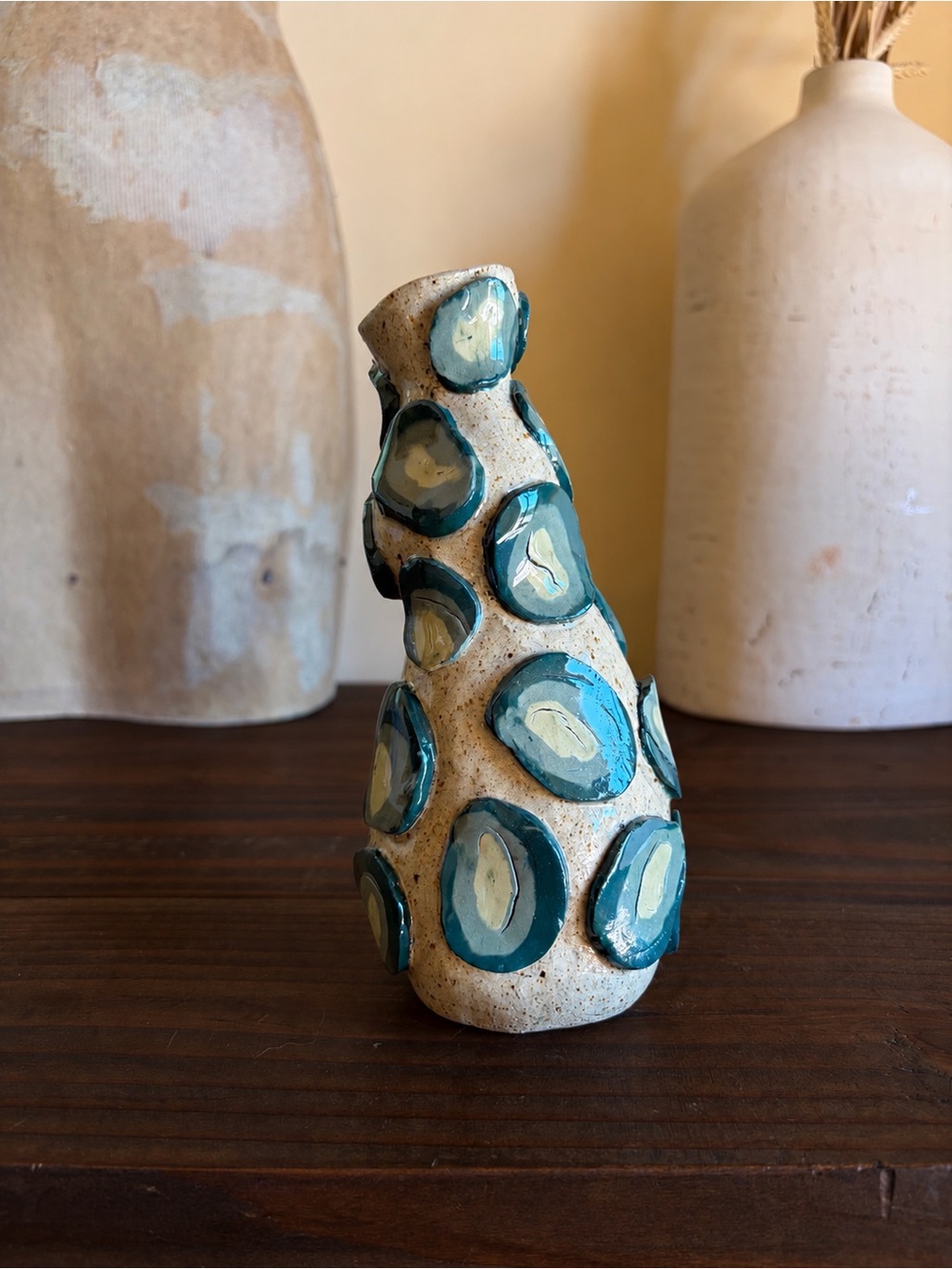 Vintage Handmade Signed Studio Pottery Vase Teal Applied Geometric Glaze
